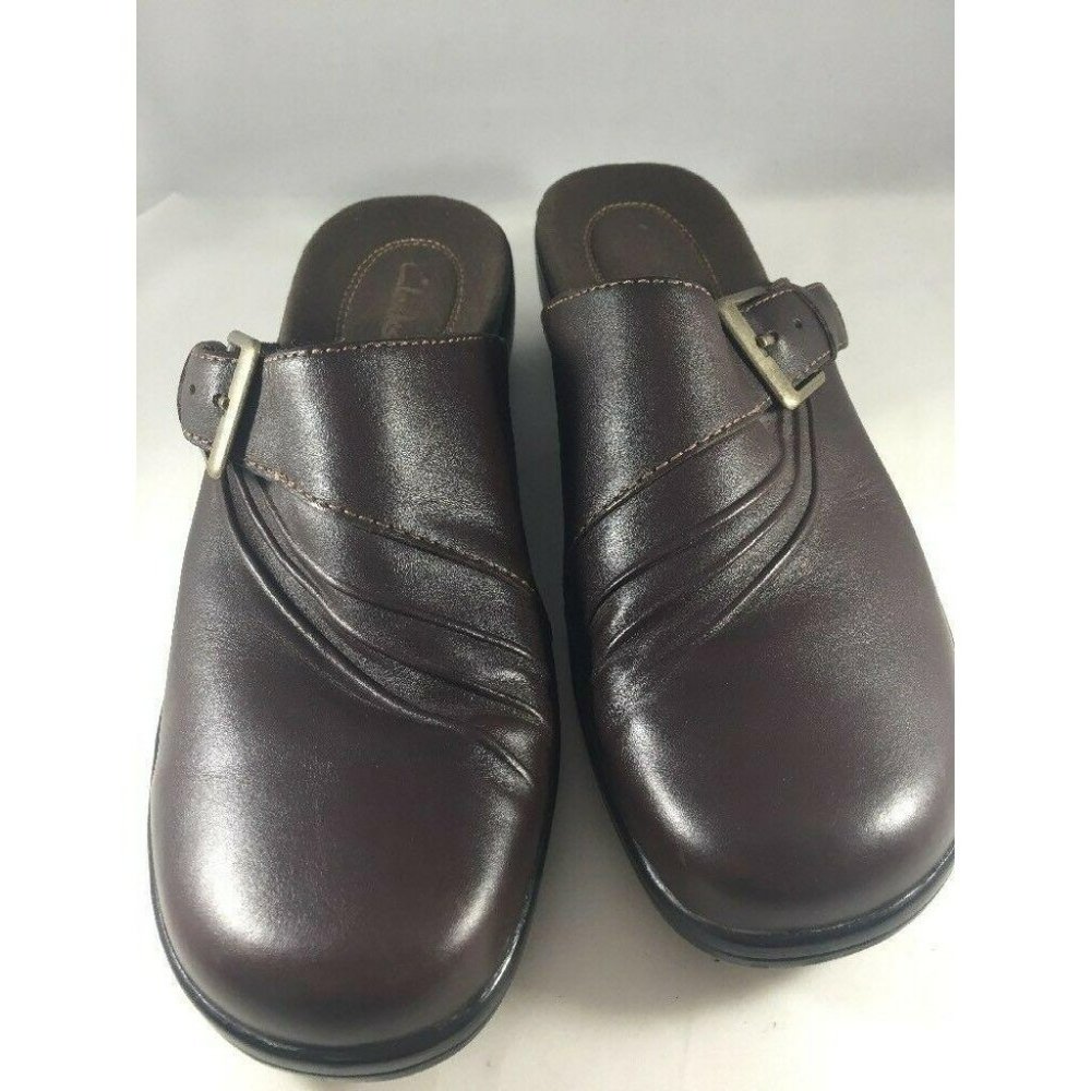 Clarks Womens Shoes Mules Size 8M Brown Leather With Buckle